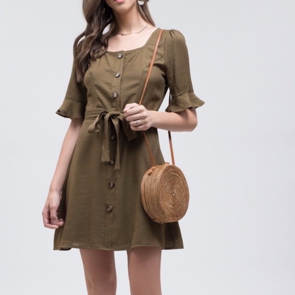 Blu Pepper Dresses & Skirts - Blu Pepper Button Front Tie Olive Green Dress NWT